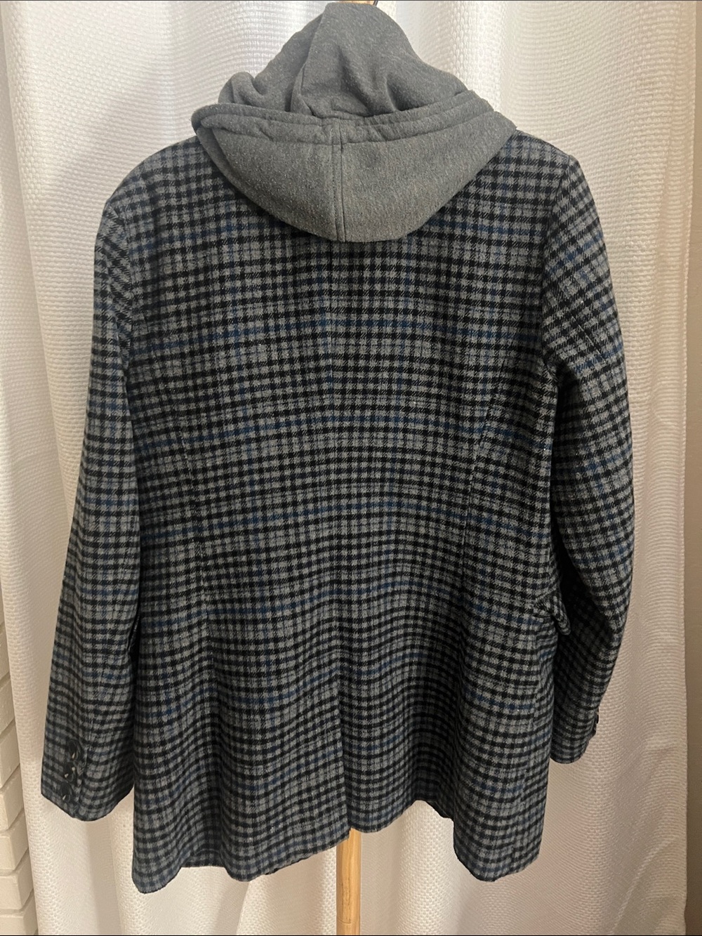 AVEC LES FILLES -Double Breasted  Plaid Wool Coat with Hooded Layer - Gray/Blue - Picture 6 of 6